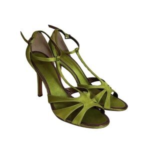 Y2K Vintage Satin BCBG Max Azria Parrot Green Leather peep toe stilettos